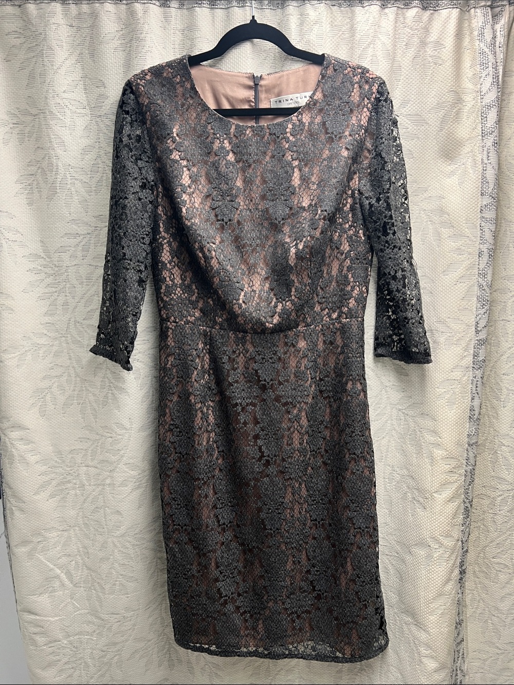 Trina Turk Grey Lace Midi Dress with Tan Lining